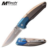 MTech USA Ball Bearing Chrome / Silver / Blue Manual Folding Pocket Knife w Tinite Coating 3.5"