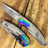 MTech USA Ball Bearing Chrome / Silver / Iridescent Rainbow Manual Folding Pocket Knife w Tinite Coating 3.5"