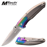 MTech USA Ball Bearing Chrome / Silver / Iridescent Rainbow Manual Folding Pocket Knife w Tinite Coating 3.5"
