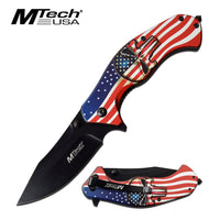 MTech USA Flag Textured 3D Punisher Skull Spring Assisted Knife Red / White / Blue & Black KS-A1025A 3.75"
