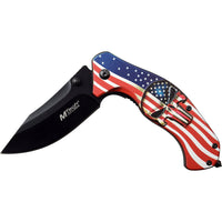 MTech USA Flag Textured 3D Punisher Skull Spring Assisted Knife Red / White / Blue & Black KS-A1025A 3.75"
