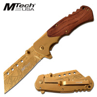 MTech USA Cleaver Spring Assisted Pocket Knife with Gold Blade and Wood Handle MT-A1050GD