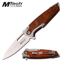 MTech USA Spring Assisted Pocket Knife Silver with Wooden Scales 3.25"