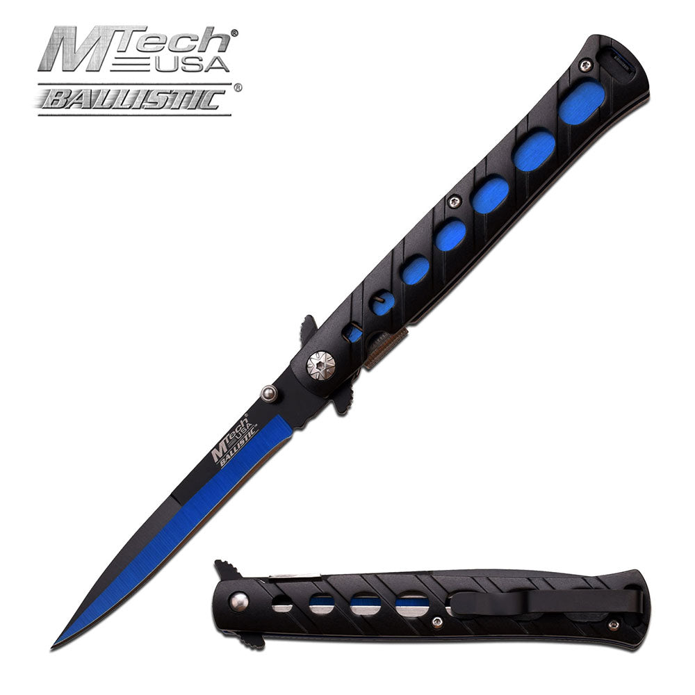 MTech USA Black and Blue Grooved Handle Spring Assisted Stiletto Knife 4