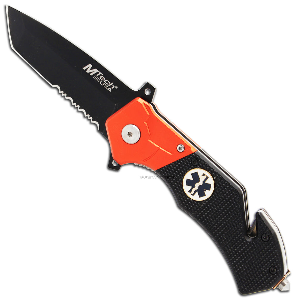 MTech USA EMS / EMT Spring Assisted Rescue Knife Black / Orange w G10