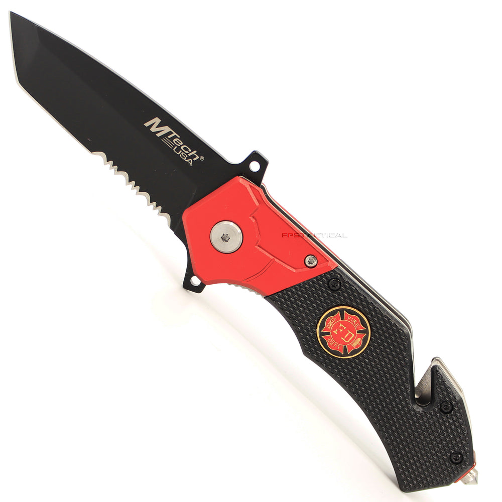 MTech USA Firefighter Spring Assisted Rescue Knife Black / Red w G10 and Aluminum Scales 3.5