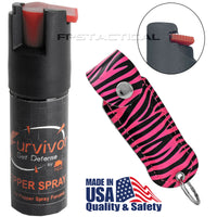 Survivor Pepper Spray Self Defense / Protection Keychain w Pink Zebra Leather Case USA Made