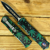 FPSTACTICAL Vigilante Black and Silver Double Serrated OTF Knife with Marijuana and Punisher Print 3.5"
