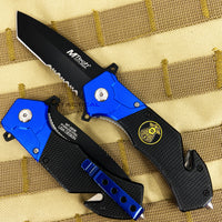 MTech USA Police Spring Assisted Rescue Knife Black / Blue w G10 and Aluminum Scales 3.5"
