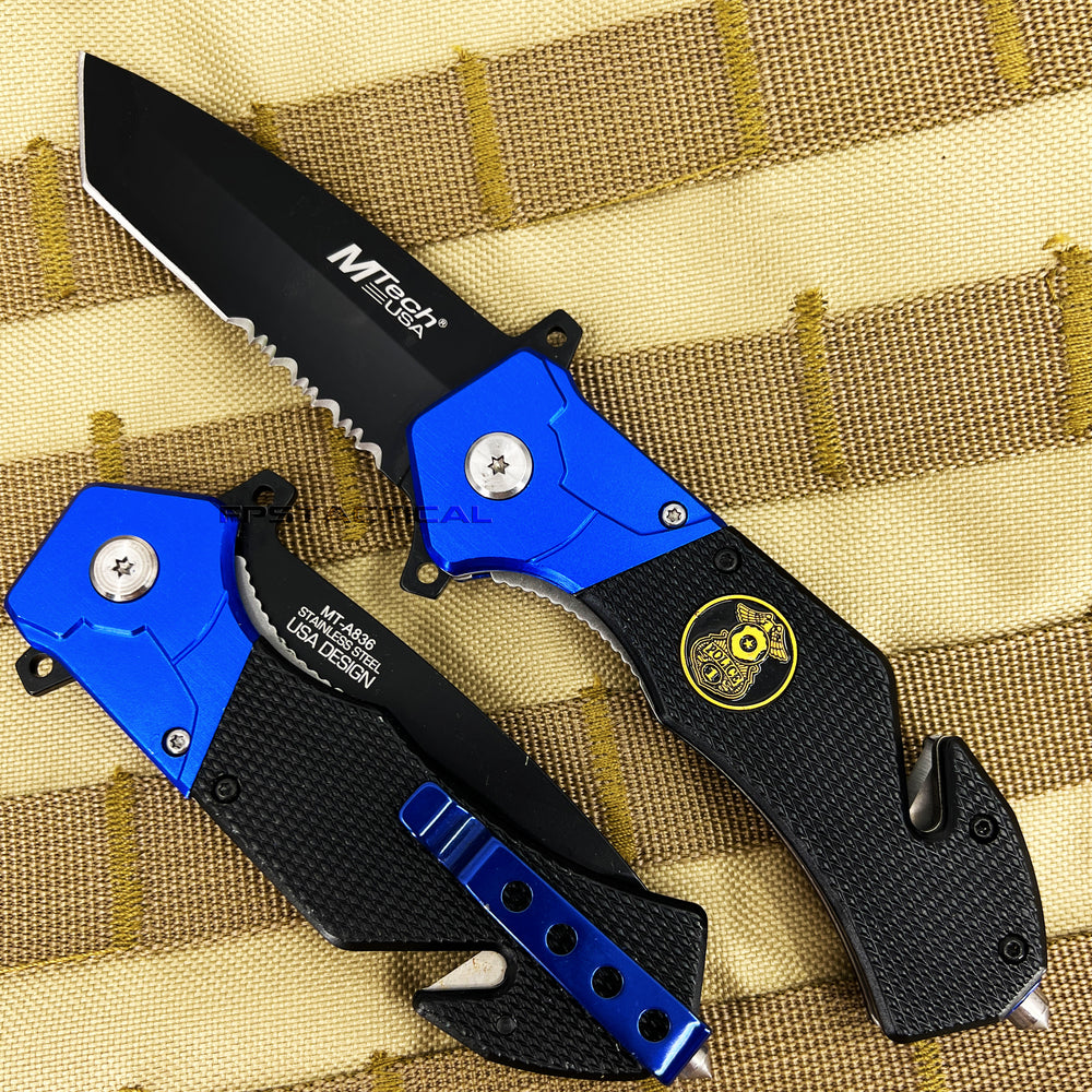 MTech USA Police Spring Assisted Rescue Knife Black / Blue w G10 and Aluminum Scales 3.5