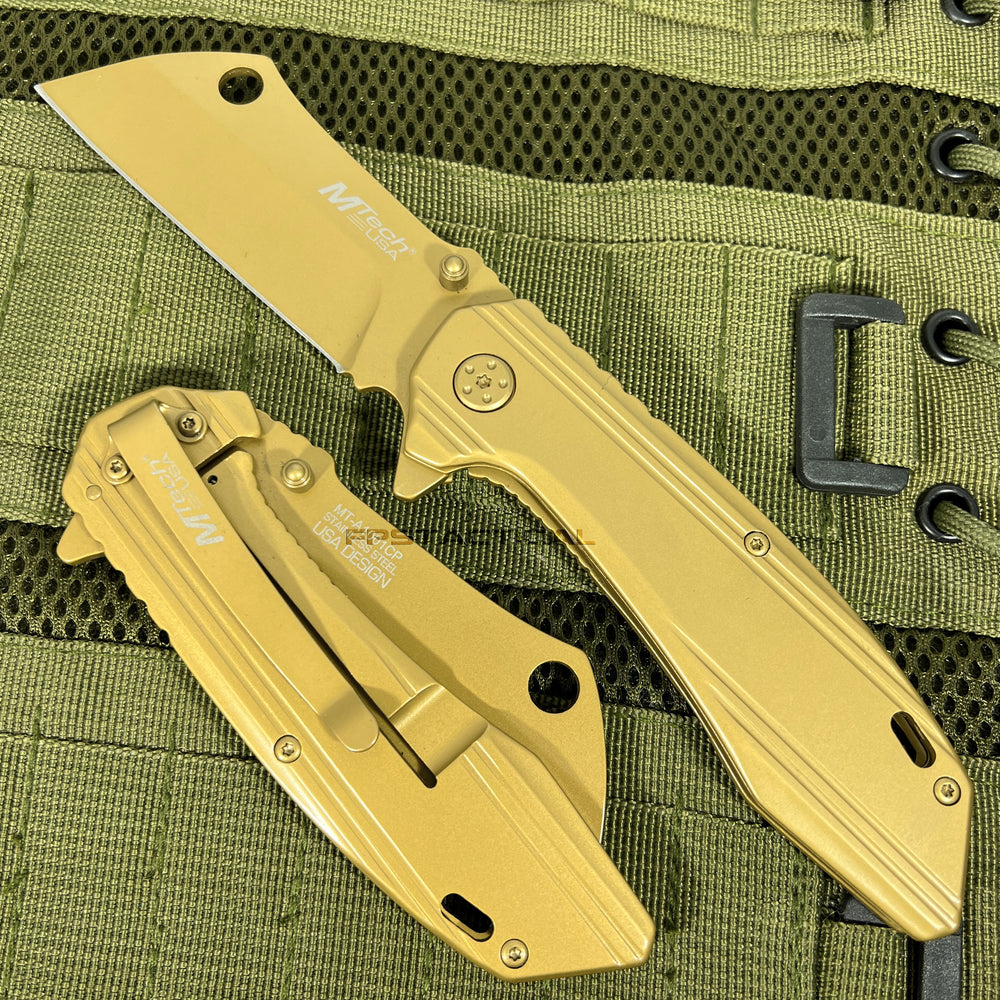 MTech USA Gold Tinite Coated Cleaver Spring Assisted Stainless Steel Pocket Knife 3.5