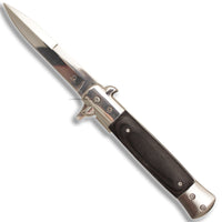 Falcon Mirror / Chrome with Black Ash Pakkawood Spring Assisted Stiletto Knife 4"
