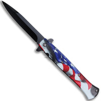 Pacific Solutions USA Spring Assisted Stiletto Knife Black w American Flag Scales 4"