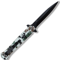 Pacific Solutions Matte Black Spring Assisted Stiletto Knife with ABS Forest / Snow Digital Camouflage Scales 4"
