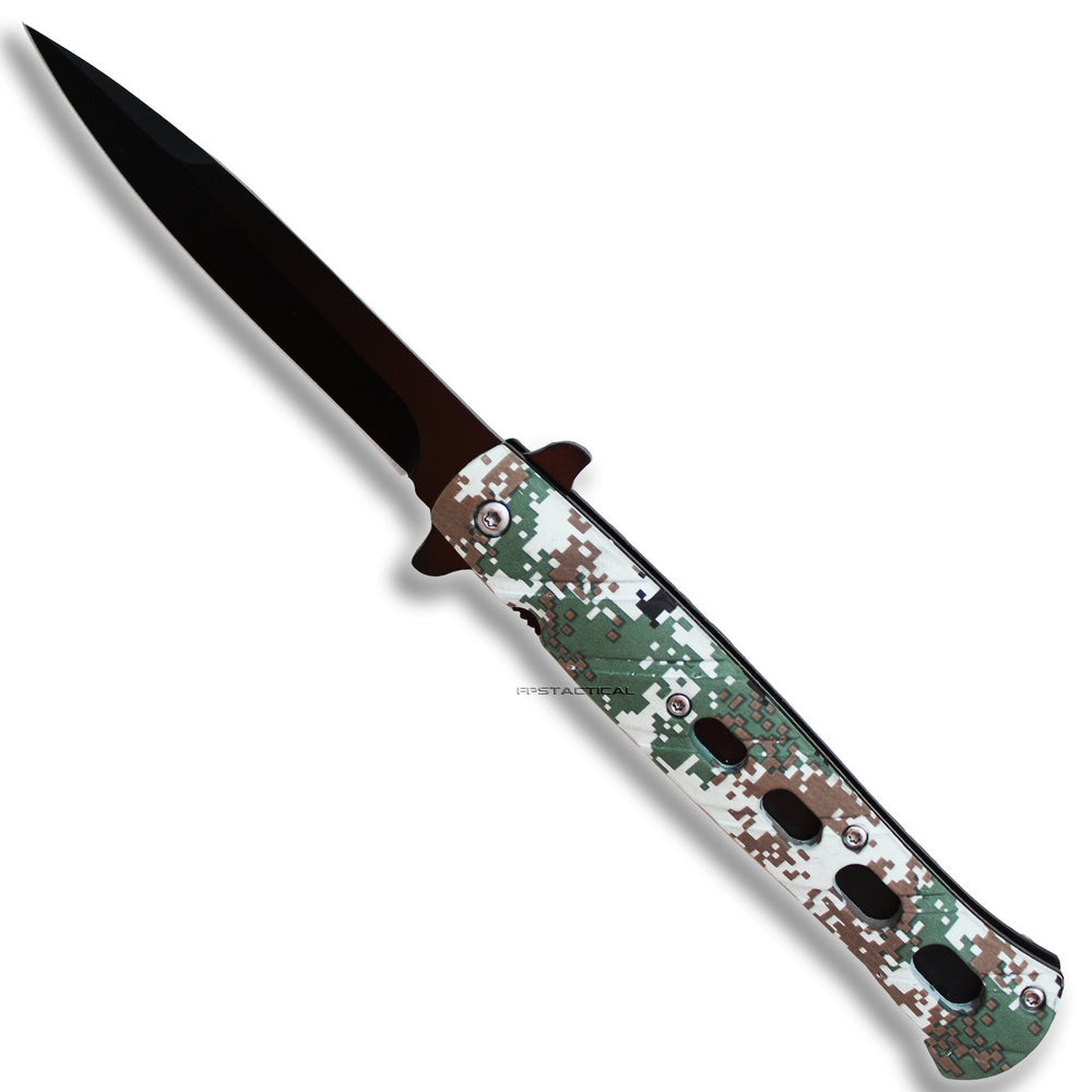 Pacific Solutions Matte Black Spring Assisted Stiletto Knife with ABS Forest / Snow Digital Camouflage Scales 4