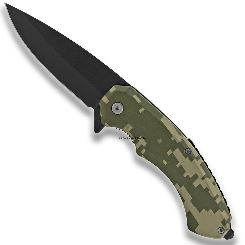 Pacific Solutions Desert / Forest Digital Camouflage Spring Assisted Knife Olive Green / Grey / Tan 3.75