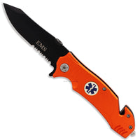 Pacific Solutions Spring Assisted EMS / EMT Folding Rescue Knife Orange & Black 3.5"