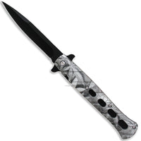 Pacific Solutions Black & White Spring Assisted Stiletto Knife w Marijuana HoneyComb Print Scales 4"