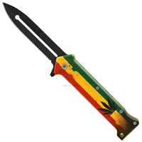 Pacific Solutions Marijuana Leaf Rasta Flag Spring Assisted Joker Stiletto Knife 3.75"
