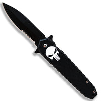 Pacific Solutions Punisher Skull Spring Assisted Stiletto Knife Black and White 3.5"
