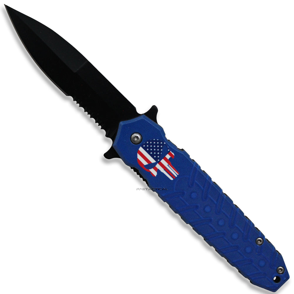 Pacific Solutions USA Punisher Skull Spring Assisted Stiletto Knife Red White Blue and Black 3.5