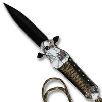 Pacific Solutions Snowblind Spring Assisted Survival Stiletto Knife Black w Jungle Digi Camo Paracord 3.75"
