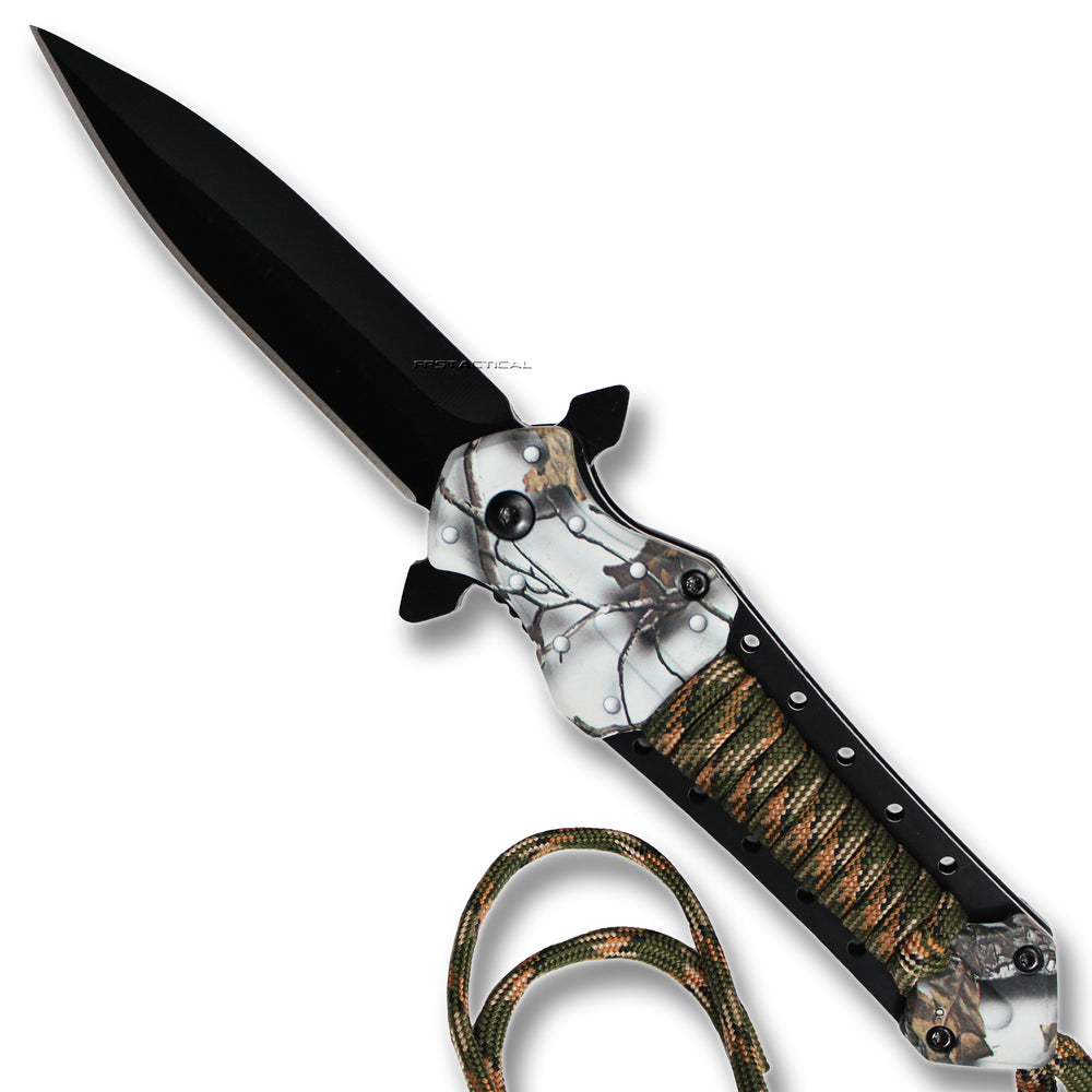 Pacific Solutions Snowblind Spring Assisted Survival Stiletto Knife Black w Jungle Digi Camo Paracord 3.75