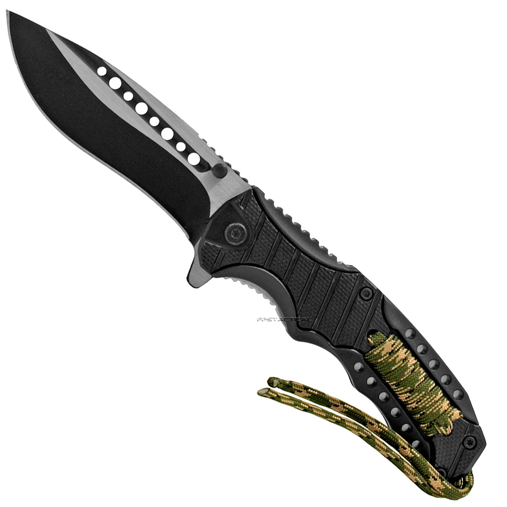 Pacific Solutions Spring Assisted Knife w Forest Digital Camouflage Paracord Black & Green 4