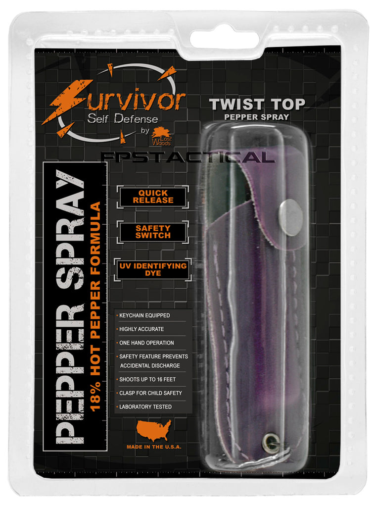 Survivor Pepper Spray Self Defense / Protection Keychain w Purple Leat
