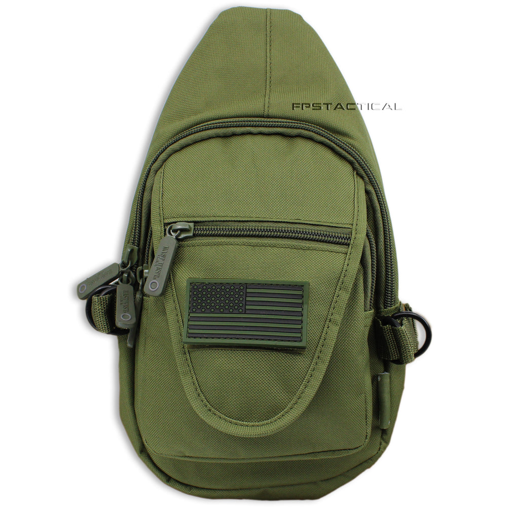 East West USA Olive Drab Green Tactical Military Sling Backpack w Removable USA Flag Patch