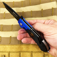 MTech USA Police Spring Assisted Rescue Knife Black / Blue w G10 and Aluminum Scales 3.5"
