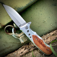 Falcon Classic Silver Spring Assisted EDC / Hunting Knife with Wood Inlay 3.25" KS32236GY