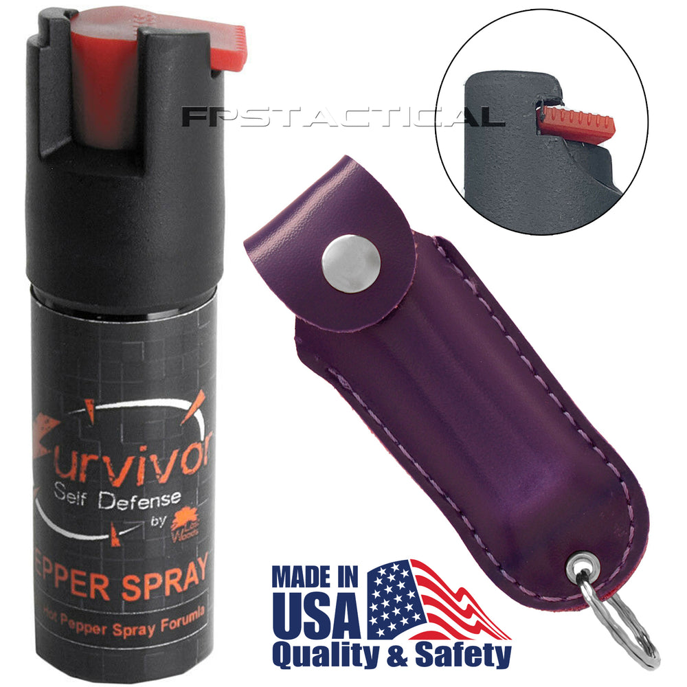 Survivor Pepper Spray Self Defense / Protection Keychain w Purple Leather Case USA Made