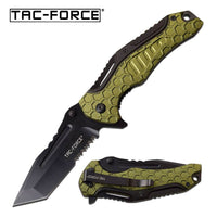 Tac-Force Pewter Olive Drab Green & Black Spring Assisted Combination Tanto / Serrated Blade EDC Knife 3.5"