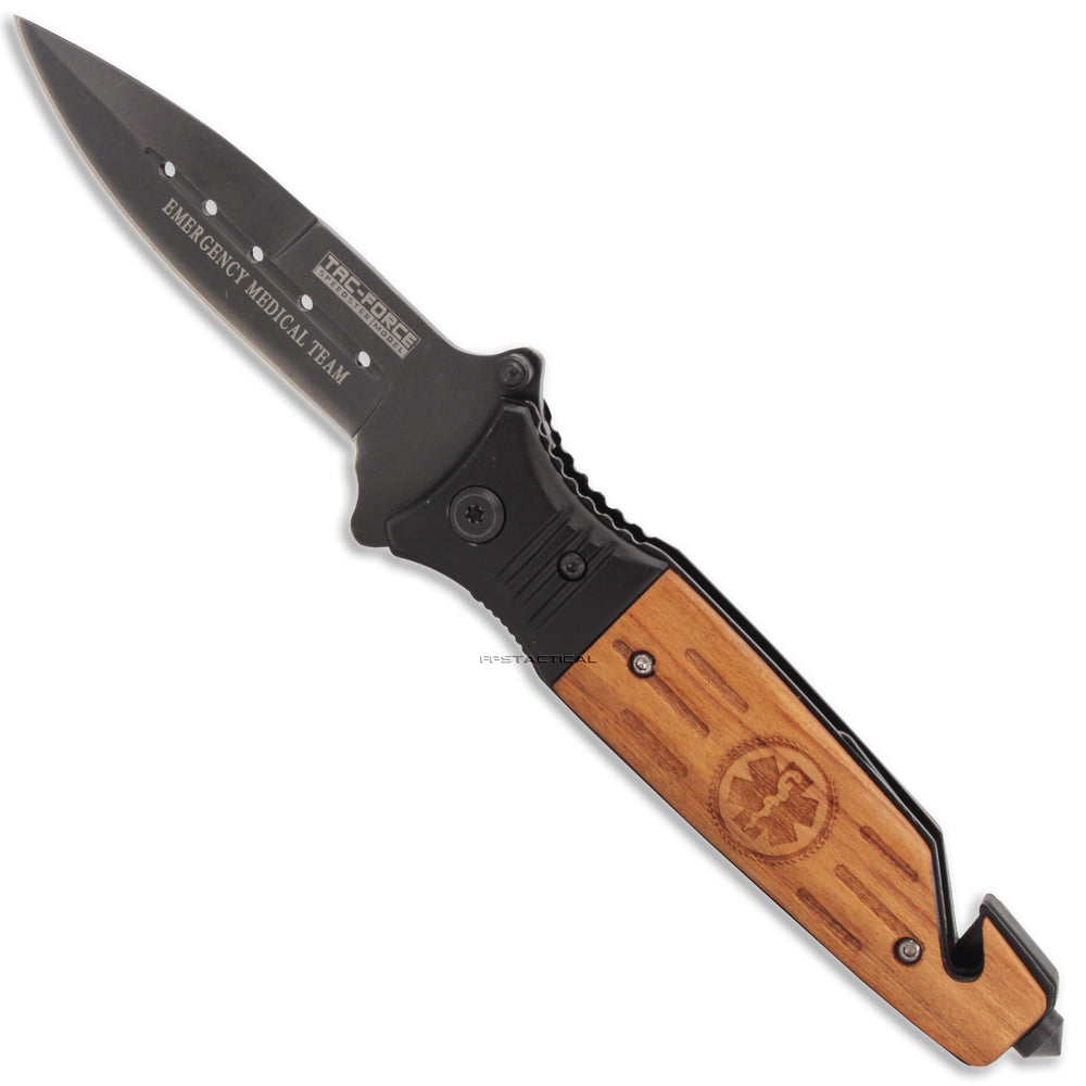Tac-Force EMS / EMT Spring Assisted Rescue Knife Black with Wood Scales 3.5