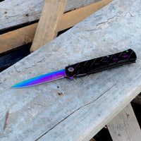 Falcon KS1108RB Iridescent and Black Grooved Handle Spring Assisted Stiletto Knife 4"
