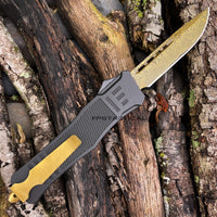 FPSTACTICAL Aureate OTF Knife Black & Gold w Damascus Blade and Rubberized Handle 3.5"
