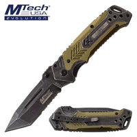 MTech Evolution Gray / Black Stonewash and Olive Drab Green Spring Assisted Tactical Knife 3.5" MTE-A026-GN