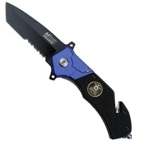 MTech USA Police Spring Assisted Rescue Knife Black / Blue w G10 and Aluminum Scales 3.5"
