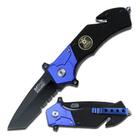 MTech USA Police Spring Assisted Rescue Knife Black / Blue w G10 and Aluminum Scales 3.5"
