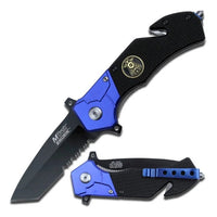 MTech USA Police Spring Assisted Rescue Knife Black / Blue w G10 and Aluminum Scales 3.5"