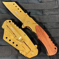 MTech USA Cleaver Spring Assisted Pocket Knife with Gold Blade and Wood Handle MT-A1050GD