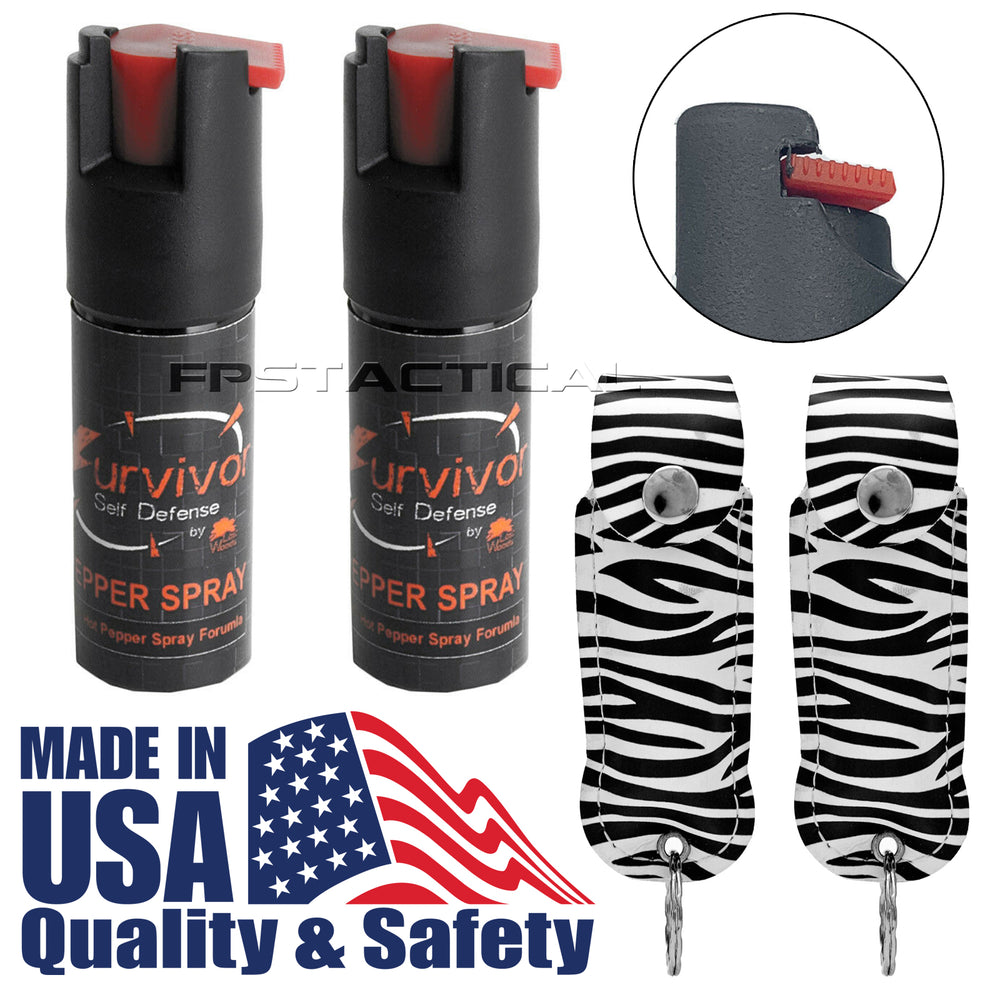 Quantity 2x Survivor Pepper Spray Self Defense / Protection Keychains w Zebra Leather Cases USA Made