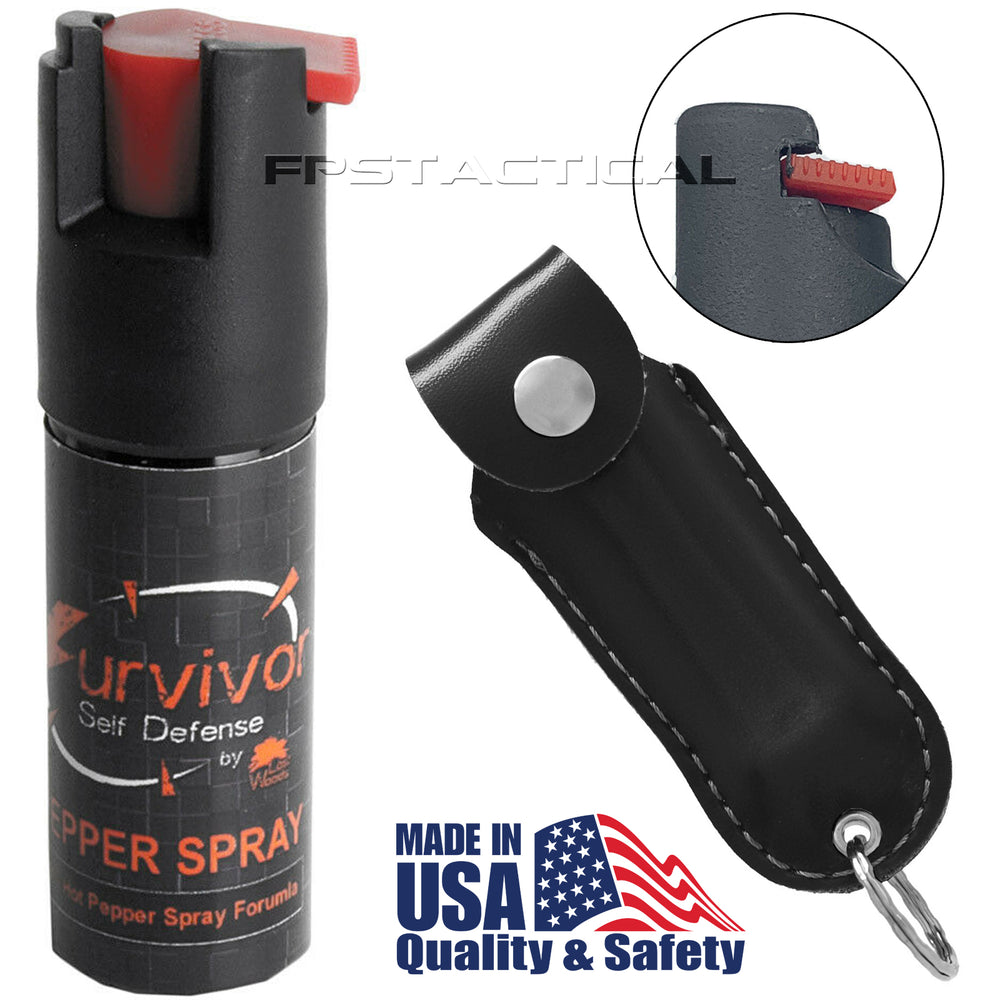 Survivor Pepper Spray Self Defense / Protection Keychain w Leather Case USA Made Black