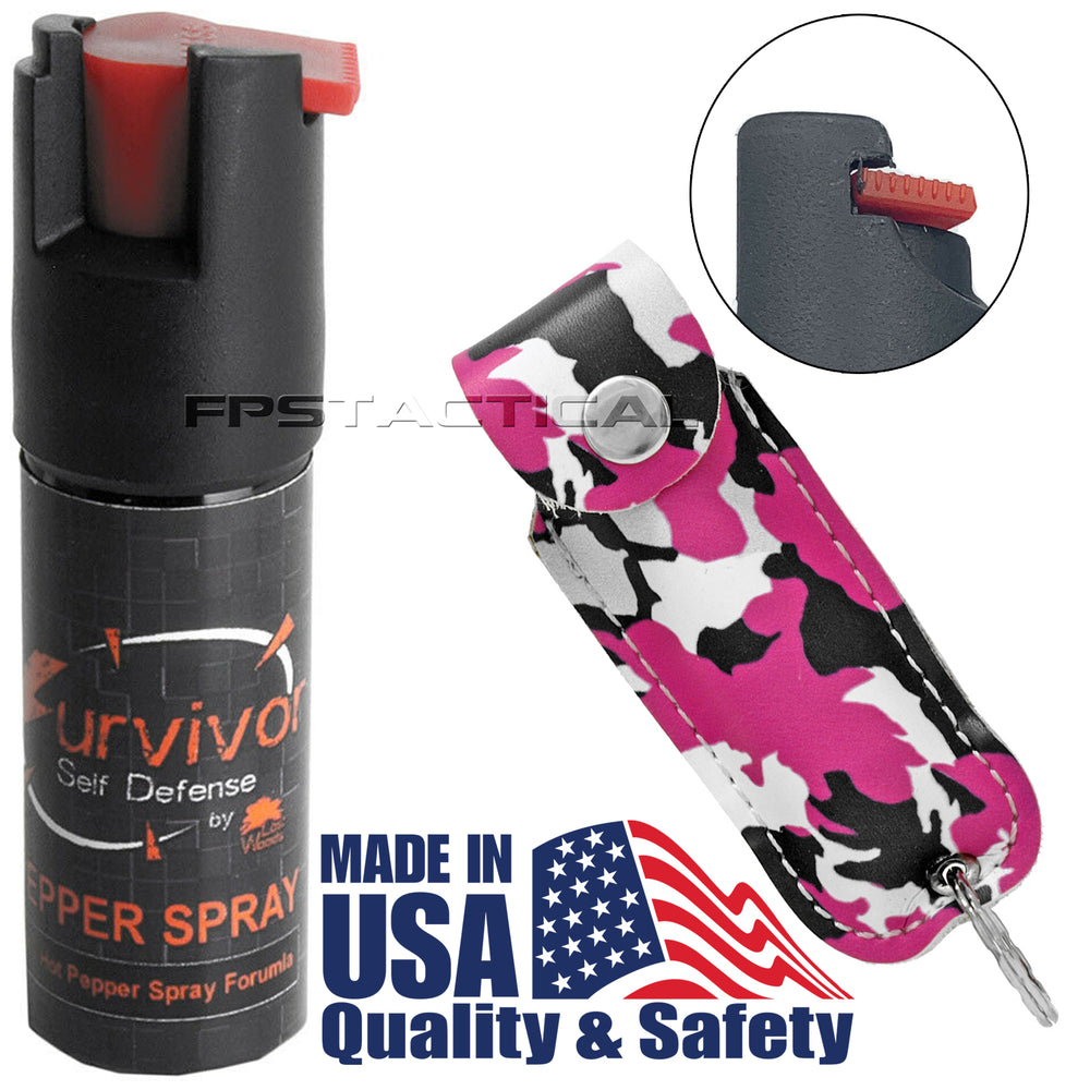 Survivor Pepper Spray Self Defense / Protection Keychain w Pink Camouflage Leather Case USA Made