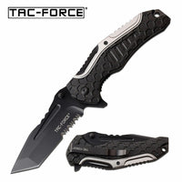 Tac-Force Pewter Gunmetal / Silver & Black Spring Assisted Combination Tanto / Serrated Blade EDC Knife 3.5"