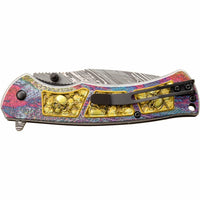 Dark Side Damascus Etched Grey / Gold Multi Color Skulls Spring Assisted Fantasy Pocket Knife 3.5"
