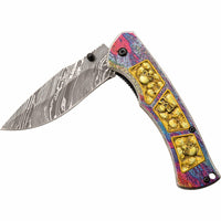 Dark Side Damascus Etched Grey / Gold Multi Color Skulls Spring Assisted Fantasy Pocket Knife 3.5"
