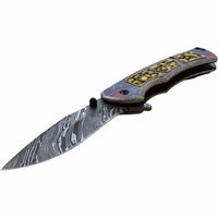 Dark Side Damascus Etched Grey / Gold Multi Color Skulls Spring Assisted Fantasy Pocket Knife 3.5"
